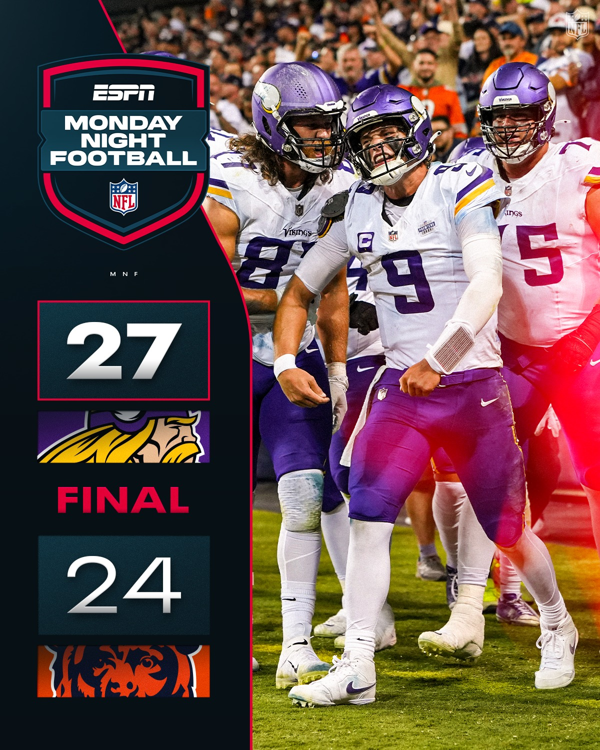 A Minnesota Vikings football player celebrating on the field after a victory.