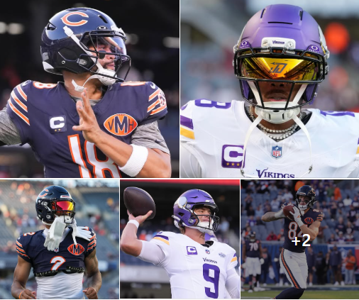 A Minnesota Vikings player is celebrating with his arm raised after a touchdown against the Chicago Bears. Behind him, a Bears player appears to be reacting with disappointment.