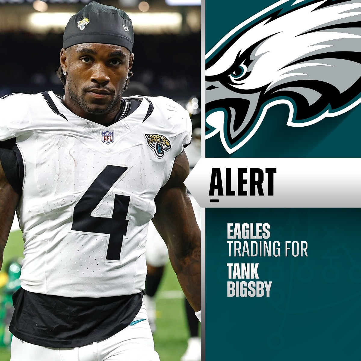 A close-up shot of an American football player in an Eagles jersey, a new addition to the team.