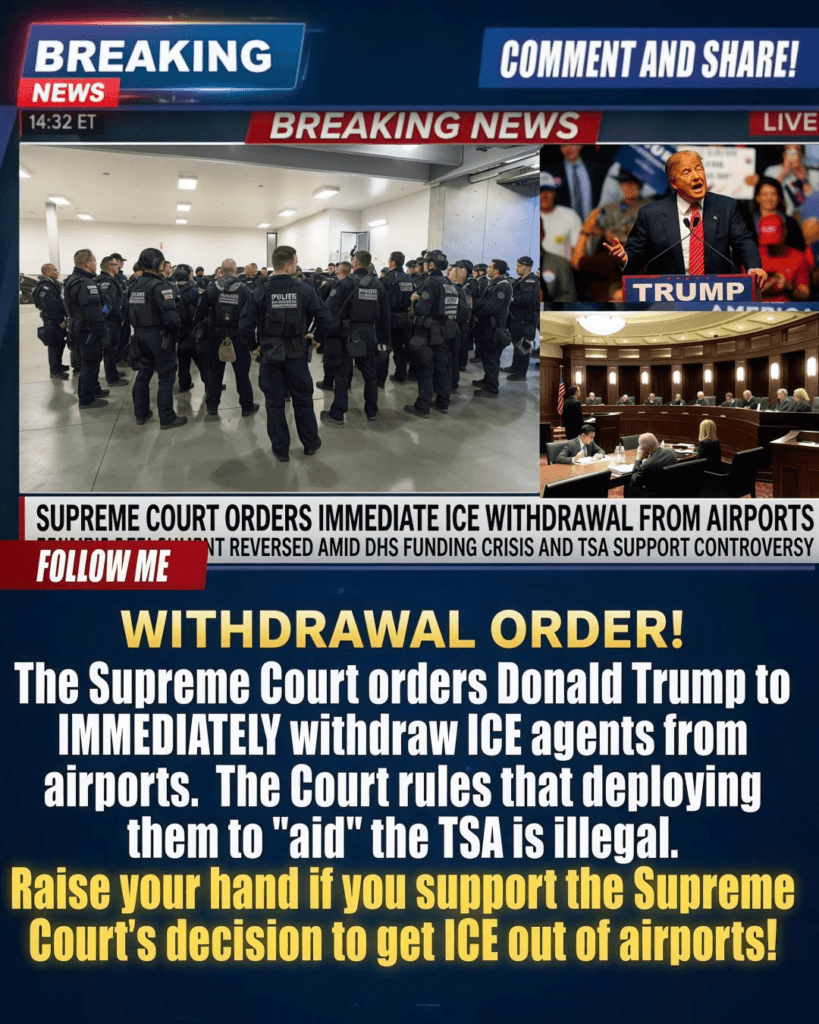 In a decision that unfolded in under 24 hours from emergency review to enforcement, the U.S. SUPREME COURT has effectively HALTED the deployment of ICE agents into airport security roles 1 image 232