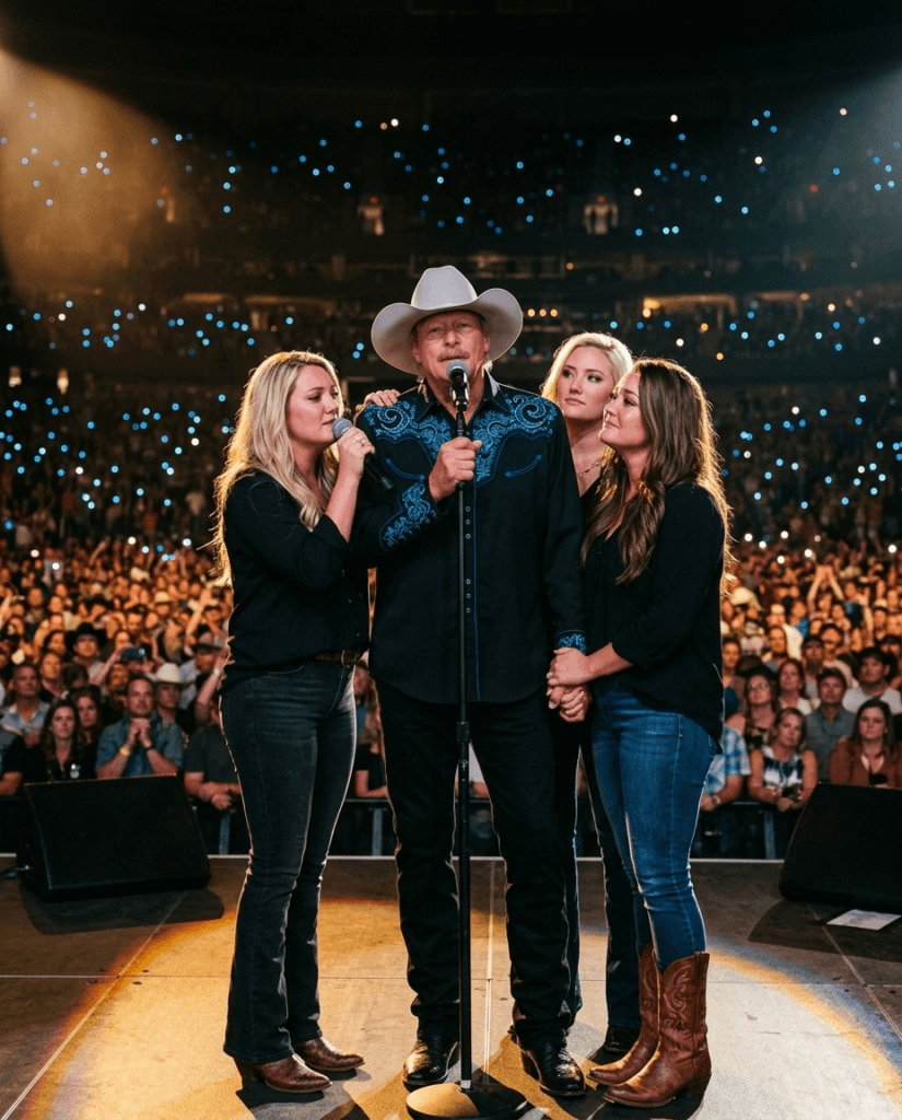 “A COUNTRY ICON’S FINAL STAND, AND THE THREE ANGELS HOLDING HIM STEADY.” As Alan Jackson’s signature white hat dipped low during a recent concert, the strain from his neurodegenerative disease (CMT) was obvious. The crowd held its breath as he wavered. Suddenly, three powerful women stepped out of the shadows—his daughters. They didn’t just join him; they became his foundation. While one harmonized, another took his hand, and the third just offered a quiet look of pure love. What the thousands in the arena witnessed next was more than a performance; it was a stunning testament to human resilience. The sight of this giant supported by his children left every fan wondering what silent strength guides them when the world isn’t watching. 1 image 536