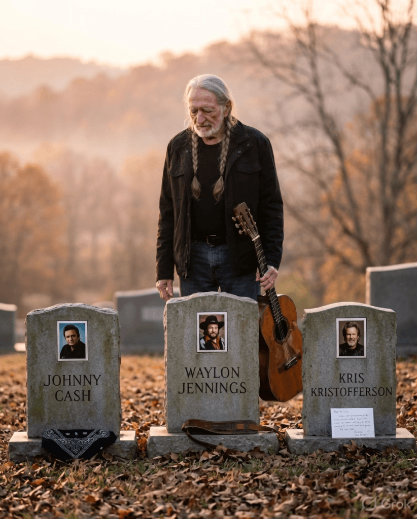 4 MEN SOLD 20 MILLION RECORDS TOGETHER. NOW ONLY 1 IS LEFT — AND HE JUST DROVE 6 HOURS TO STAND IN FRONT OF 3 GRAVES. Nobody told him to go. The Highwaymen — Willie Nelson, Johnny Cash, Waylon Jennings, and Kris Kristofferson — once owned every stage they touched. Waylon left in 2002. Johnny followed in 2003. Kris slipped away quietly in September 2024. Now Willie, 92 years old and still touring, drove alone through the Tennessee hills one autumn morning and stopped at three different cemeteries in a single day. At each grave, he sat on the ground, guitar across his lap, and played their song — just one verse, then silence. No cameras. No crew. Just the last Highwayman, keeping a promise no one else remembers him making. What he left on Kris’s headstone made the groundskeeper call his wife in tears. 1 image 698