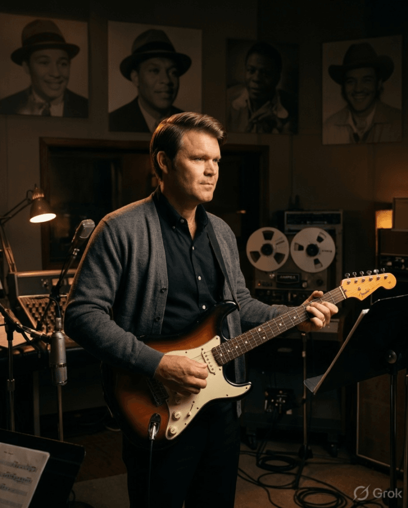 GLEN CAMPBELL WAS THE SON OF A COTTON FARMER WHO NEVER LEARNED TO READ MUSIC — BUT HE PLAYED GUITAR ON MORE HIT RECORDS THAN MOST PEOPLE HAVE EVER HEARD, AND THE BEACH BOYS BEGGED HIM TO JOIN PERMANENTLY Before “Rhinestone Cowboy.” Before “Wichita Lineman.” Before 45 million albums sold and four Grammys and a TV show watched by 50 million people — Glen Campbell was invisible. He was just a kid from Billstown, Arkansas, one of twelve children born to a sharecropper who grew cotton for a living. He got his first guitar at four. He never finished high school. He never learned to read a single note of music. But he could hear a song once and play it back perfectly. Fellow musician Leon Russell said he was the best guitar player he’d heard “before or since.” By 1963, Campbell was playing on nearly 600 recorded songs a year — as a ghost. A member of the legendary Wrecking Crew, the invisible studio band behind almost every hit coming out of Los Angeles. His guitar is on Frank Sinatra’s “Strangers in the Night.” On Elvis Presley’s “Viva Las Vegas.” On the Monkees’ “I’m a Believer.” Nobody knew his name. Everybody knew his sound. Then the Beach Boys called. Brian Wilson had a nervous breakdown and couldn’t tour. They needed someone who could sing falsetto, play bass, and learn an entire setlist in a day. Glen said yes, showed up the next morning, and played his first show on Christmas Eve 1964. He toured with them for months. Played on Pet Sounds. Played on “Good Vibrations,” “I Get Around,” “Help Me, Rhonda.” The Beach Boys offered him a permanent spot in the band. He turned them down. A cotton farmer’s son from Arkansas said no to the Beach Boys — because he believed he had something of his own to say. Three years later, “Gentle on My Mind” hit the charts, and Glen Campbell became one of the biggest names in music history. Alice Cooper once called him one of the five greatest guitar players in the industry. He sold over 45 million records. He won a Grammy Lifetime Achievement Award. He was inducted into both the Country Music Hall of Fame and the Musicians Hall of Fame. And he did all of it without ever reading a single note on a page. But there’s one recording session from those early Wrecking Crew days — a moment nobody talks about — that almost changed the entire direction of Glen Campbell’s career before it even began… 1 image 702