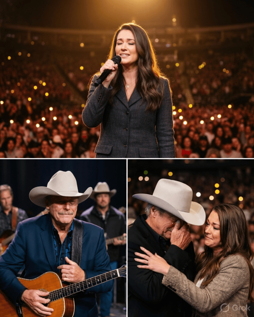 “‘THAT’S MY DADDY’ — 3 WORDS FROM MATTIE JACKSON THAT BROKE ALAN JACKSON DOWN IN FRONT OF 10,000 PEOPLE.” Nobody expected it. Midway through his farewell tour, Alan Jackson paused between songs — and his youngest daughter Mattie walked out from backstage. She didn’t say much. Just stepped up to the mic and whispered, “That’s my daddy.” Alan’s chin dropped. He tried to sing the next line but couldn’t. His hand was shaking around the guitar neck. Then Mattie started singing — a song about home, about his truck in the driveway, about Sunday mornings that never changed. The entire arena fell silent. Grown men in cowboy hats were wiping their eyes. Even the steel guitar player had to look away. What Mattie told her father after the lights went down left everyone backstage in tears… 1 image 703