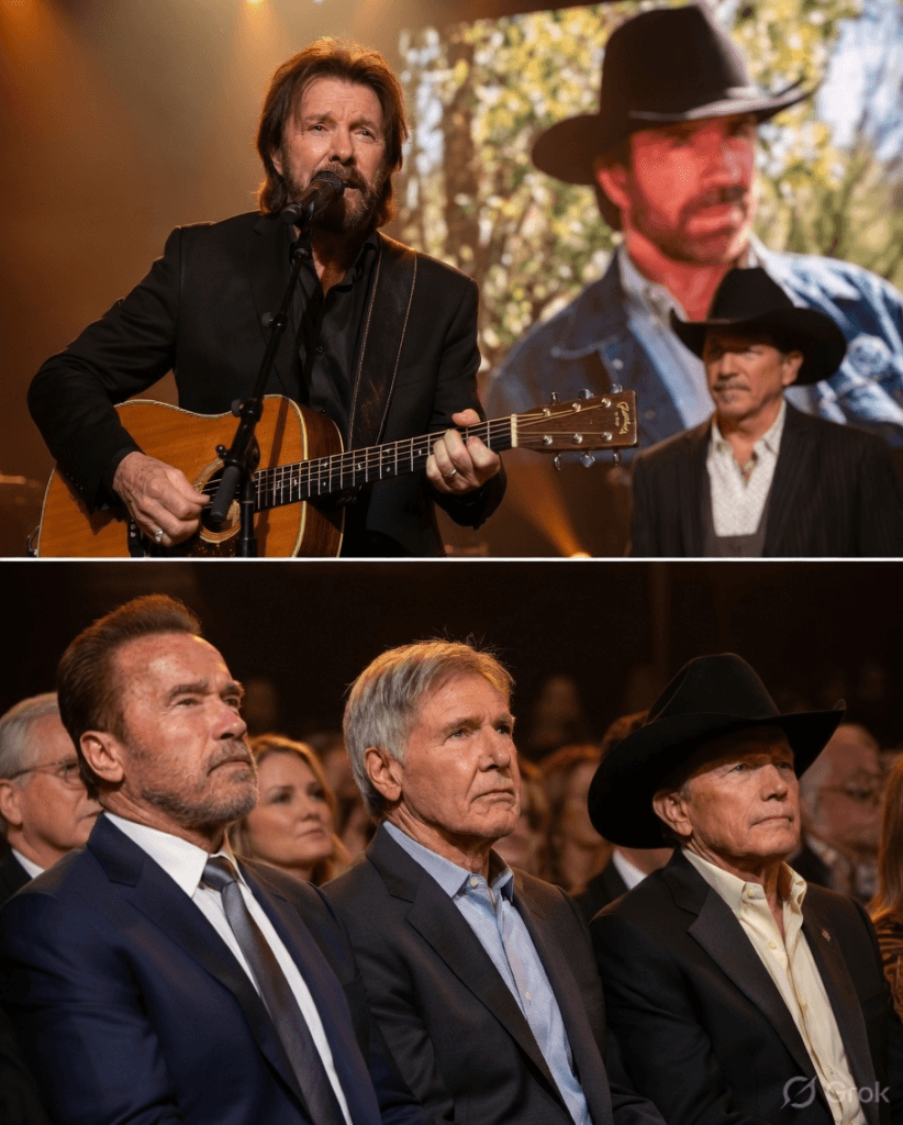 “I’M NOT HERE FOR THE SPOTLIGHT… I’M HERE FOR HIM.” — RONNIE DUNN’S VOICE CRACKED IN FRONT OF 20,000 PEOPLE. The arena went dead silent. Twenty thousand people holding their breath at once — no cheers, no movement, nothing. Ronnie Dunn walked into the light slowly, carrying something heavier than any song he’s ever sung. His face stayed strong but his eyes told a different story. Then he said Chuck Norris’s name… and the room just shattered. In the shadows, Stallone stood frozen with tears rolling down. Schwarzenegger lowered his head, jaw tight, fighting a losing battle. George Strait quietly wiped his face — no hiding it anymore. No performance that night. No applause. Just the heaviest goodbye that room had ever witnessed. What Ronnie whispered next left everyone absolutely speechless… 1 image 708